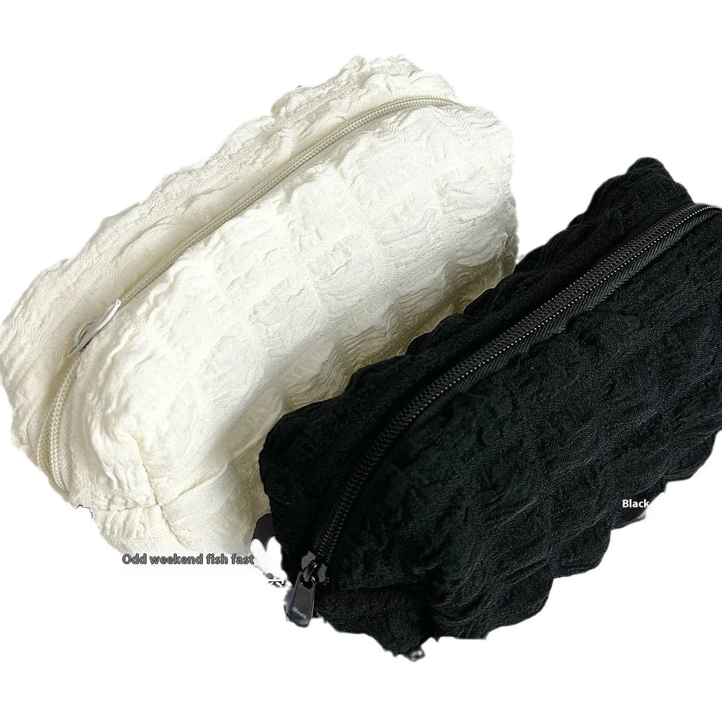 Cream puff texture polyester pencil case in beige and black colour options