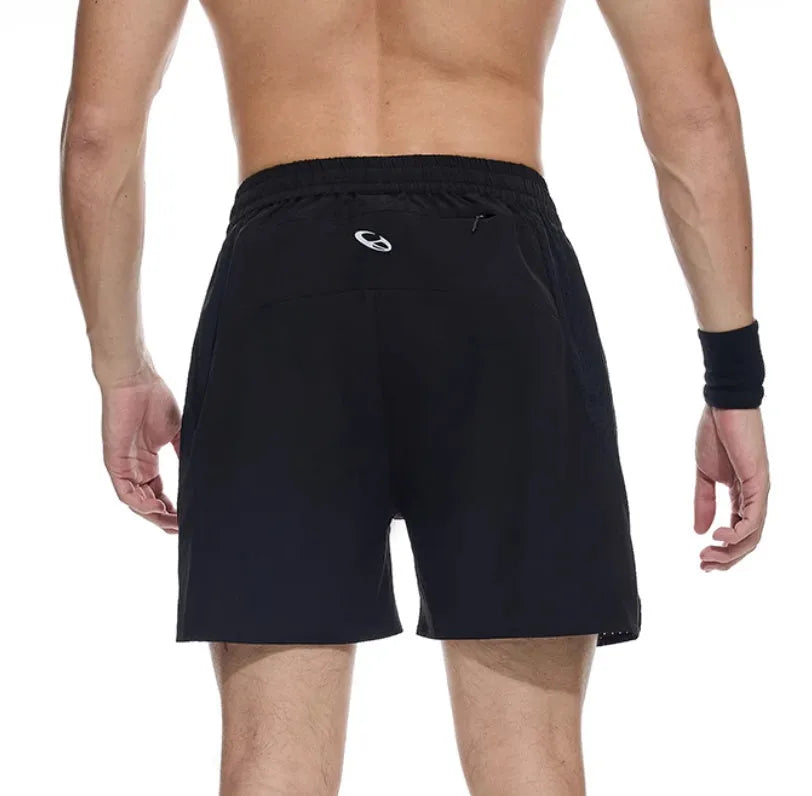 Four-point running shorts with laser punching stitching in black or blue colours showing stretch fabric construction
