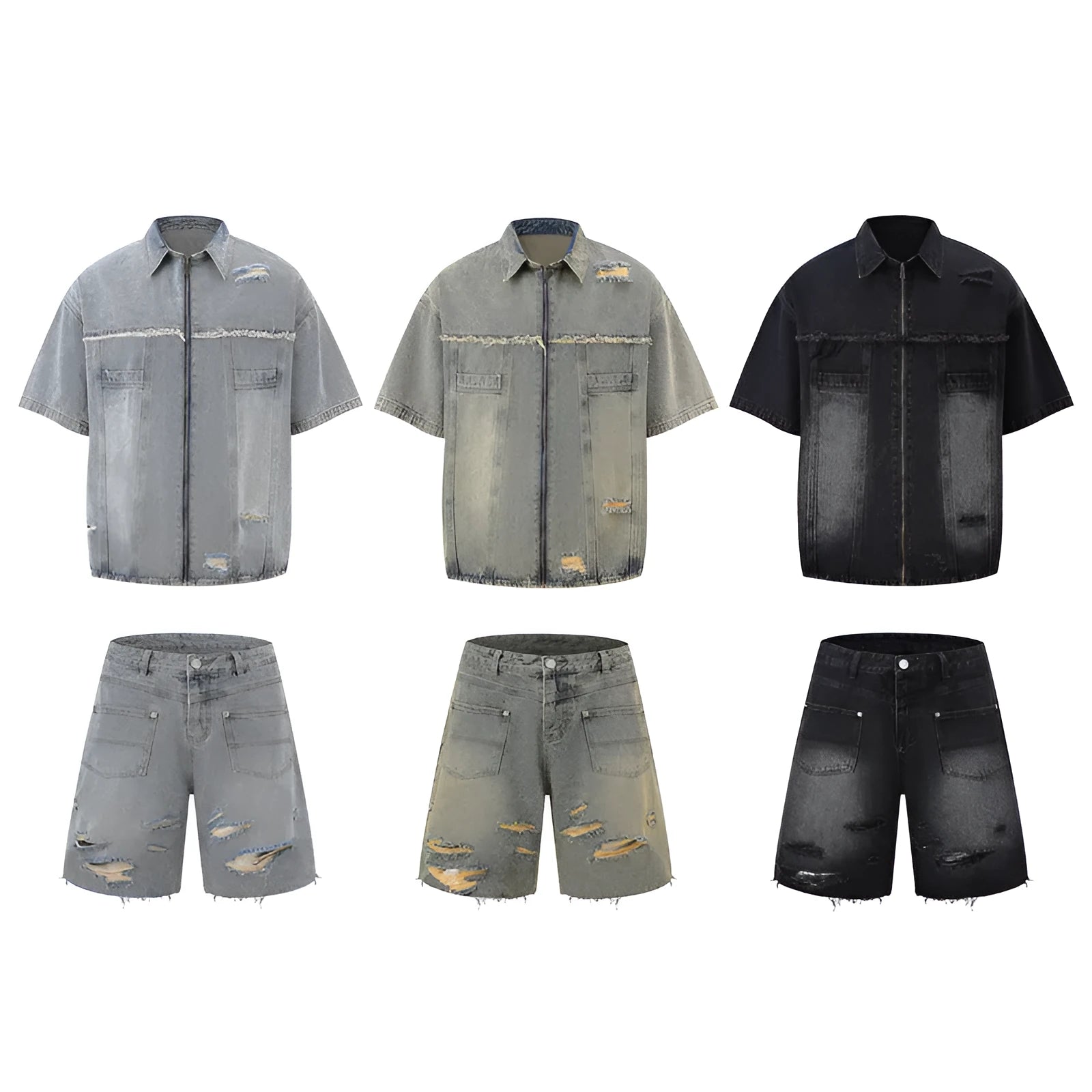 Denim overall suit set with short sleeve top and trousers in street fashion style