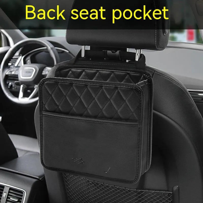 Black leather hanging storage bag and trash can for car interior, showing dimensions of 25cm by 25cm.