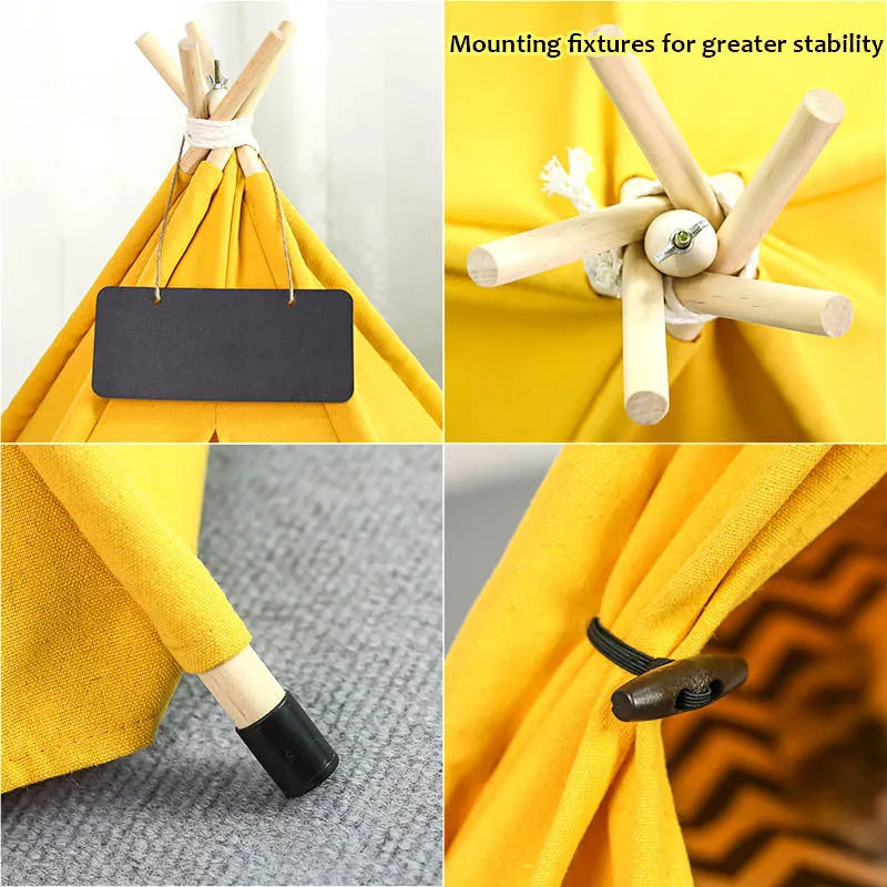 Flax linen pet teepee tent with striped pattern and cushion for small dogs cats