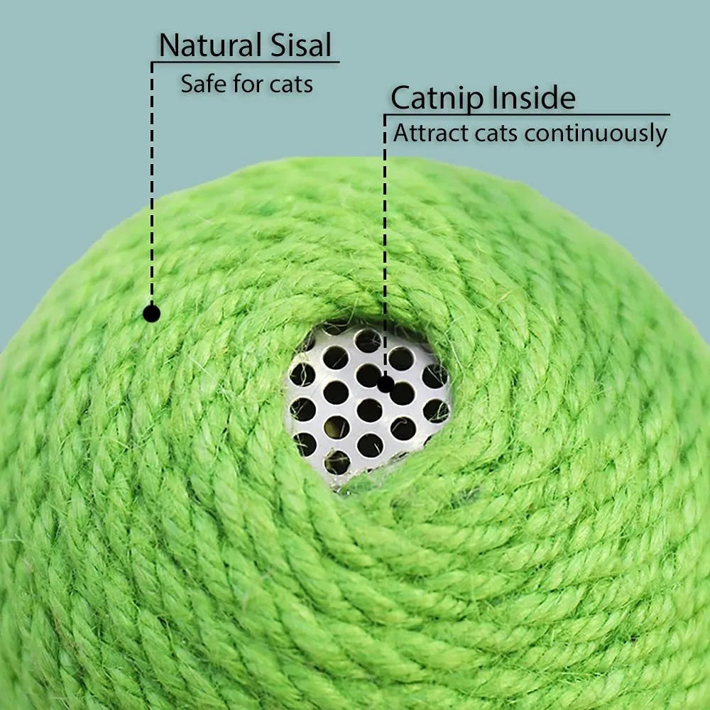 Green interactive cat toy with sisal scratcher and tumbler ball on tree tower base for indoor play