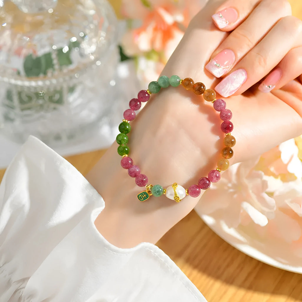 Geometric natural crystal bracelet with tourmaline and chalcedony 6.5mm beads