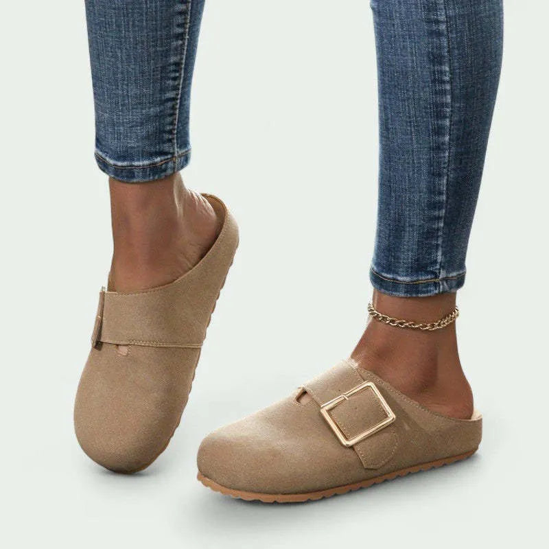 Women's closed toe canvas slippers in apricot colour showing low top design and canvas upper material