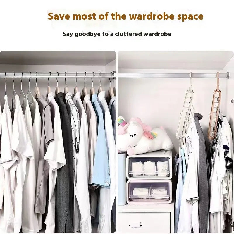 Green plastic multifunctional hanger with nine holes for trousers in a seamless folding pant rack design.