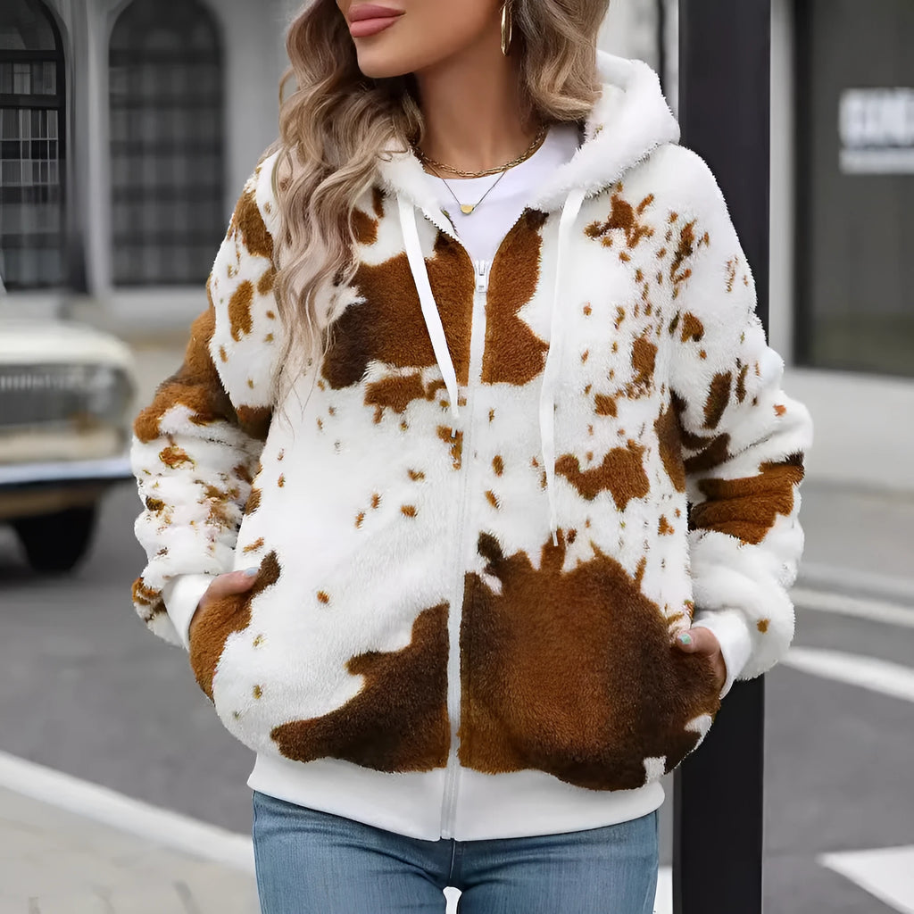 Yellow brown cow animal pattern hooded plush cardigan jacket with zip front and regular sleeves