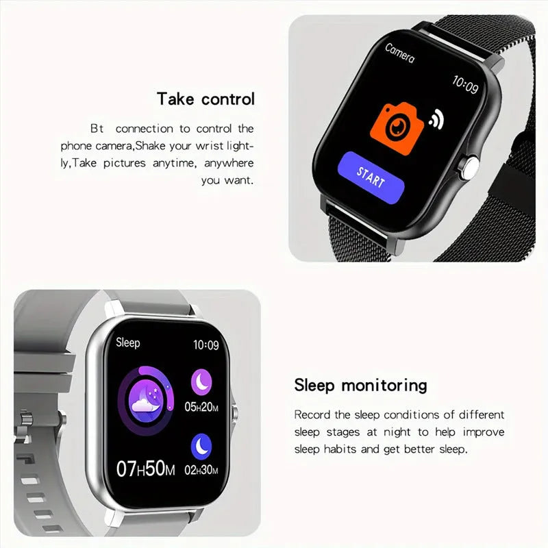Black smartwatch with 1.44-inch screen and silicone strap on a wrist, showing a fitness tracking interface.