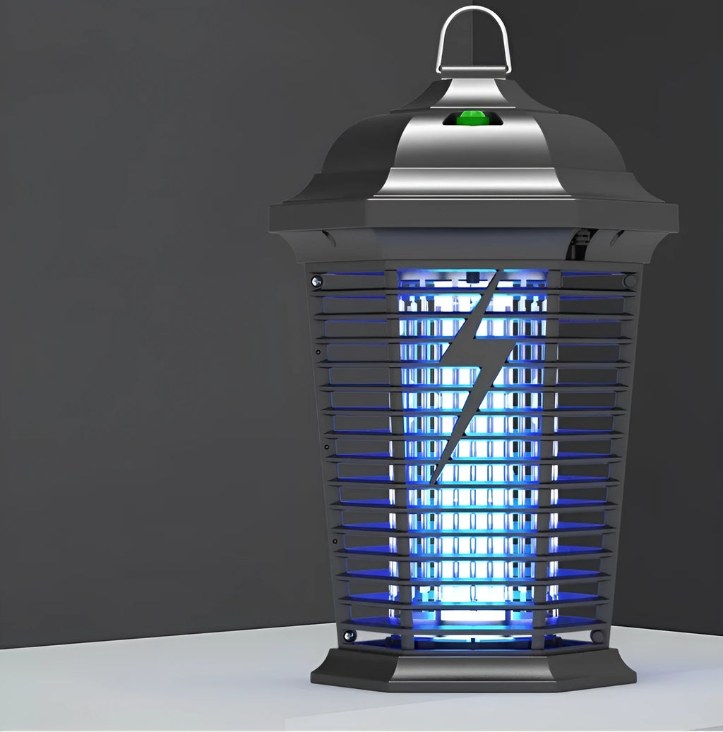 Black electric mosquito killer lamp with UV light and protective ABS mesh for outdoor and household insect control.