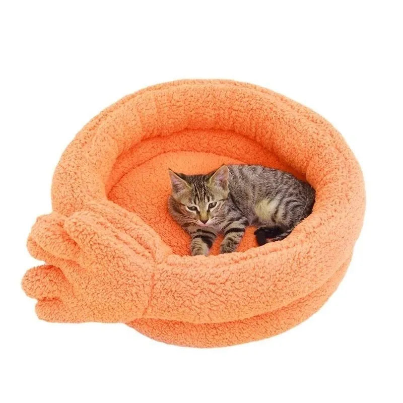 Yellow plush pet kennel mattress with raised sides for cats and small dogs.