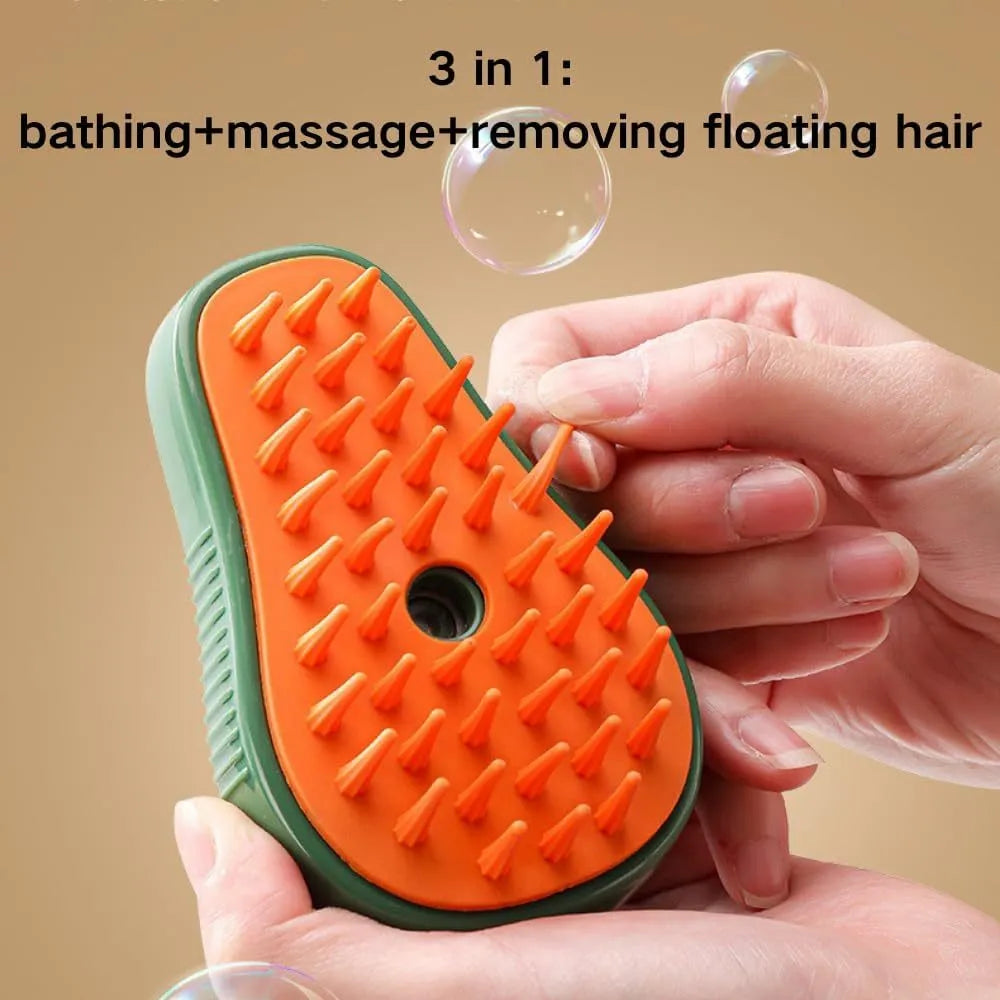 Green and white rechargeable cat steam brush with water spray function and silicone teeth