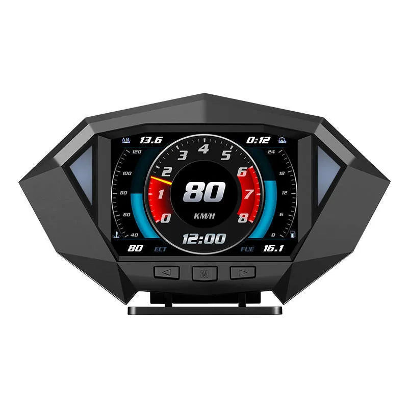 P1 black vehicle HUD display unit with OBD cable on car dashboard