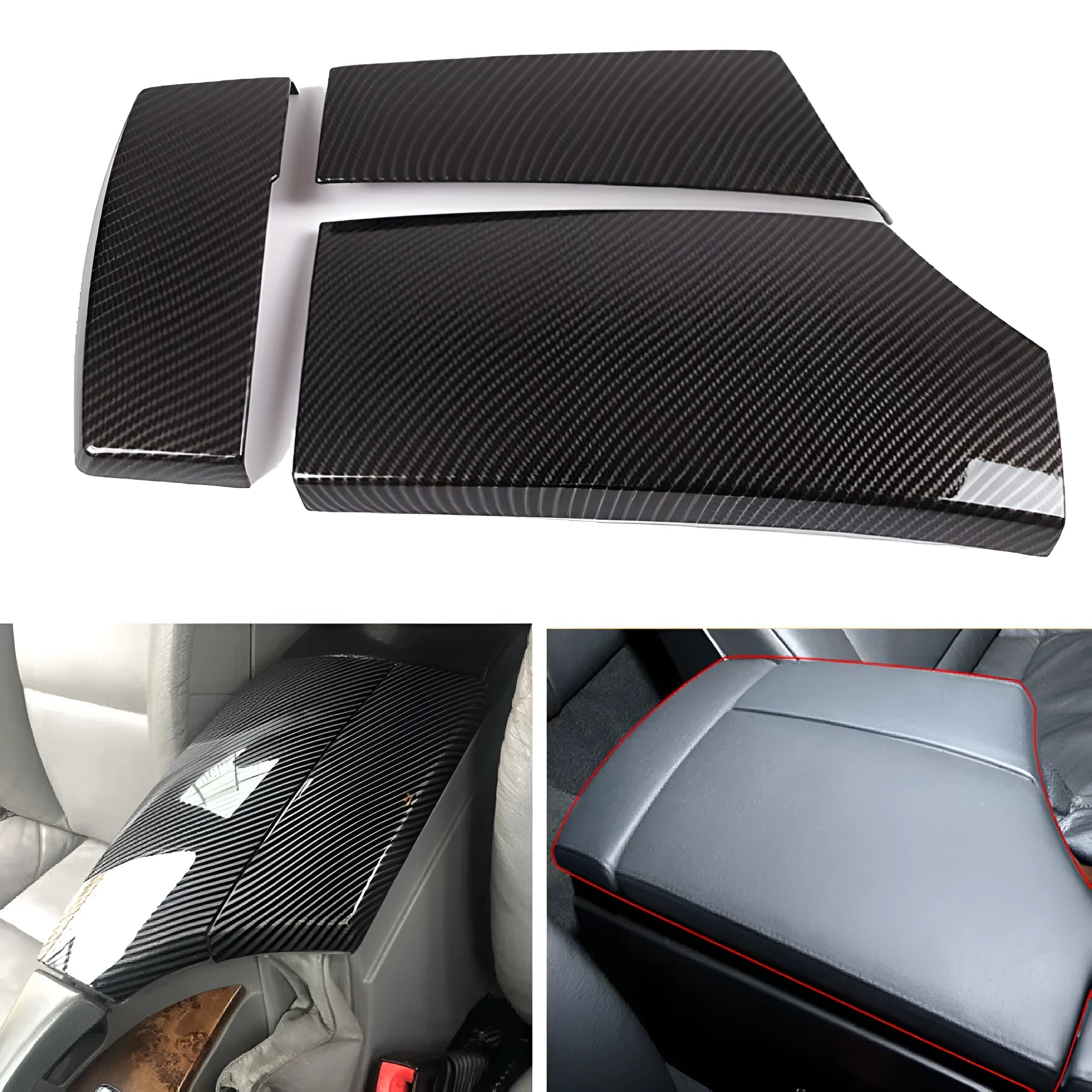 Three ABS carbon fibre pattern armrest box protective covers for car centre console