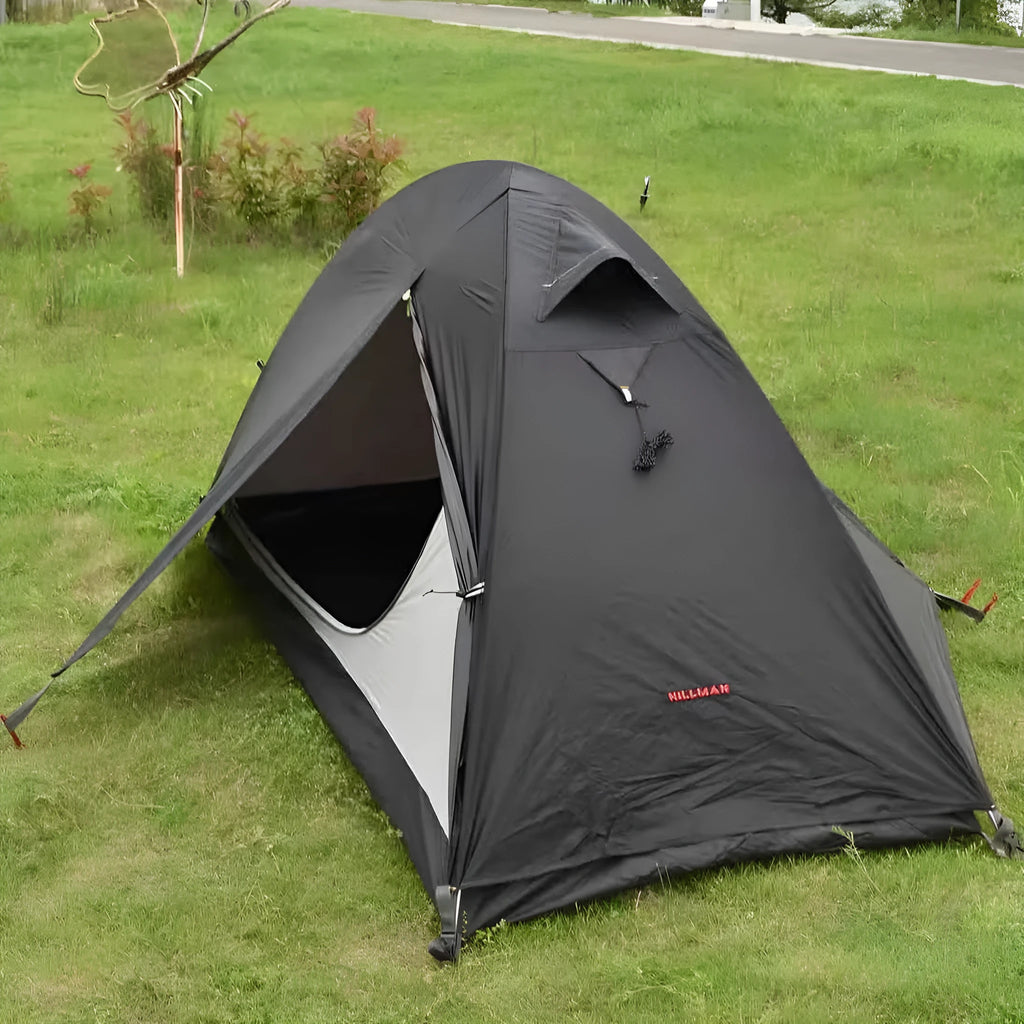 Single person lightweight tent in red colour with aluminium poles, shown expanded.