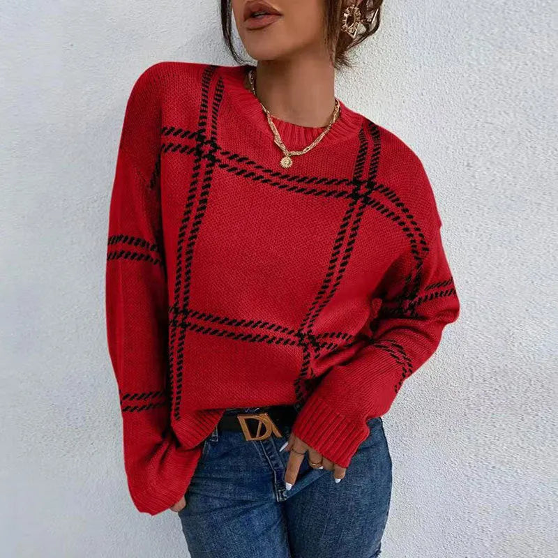 Women's loose-fit plaid colour-block crew neck sweater in acrylic.
