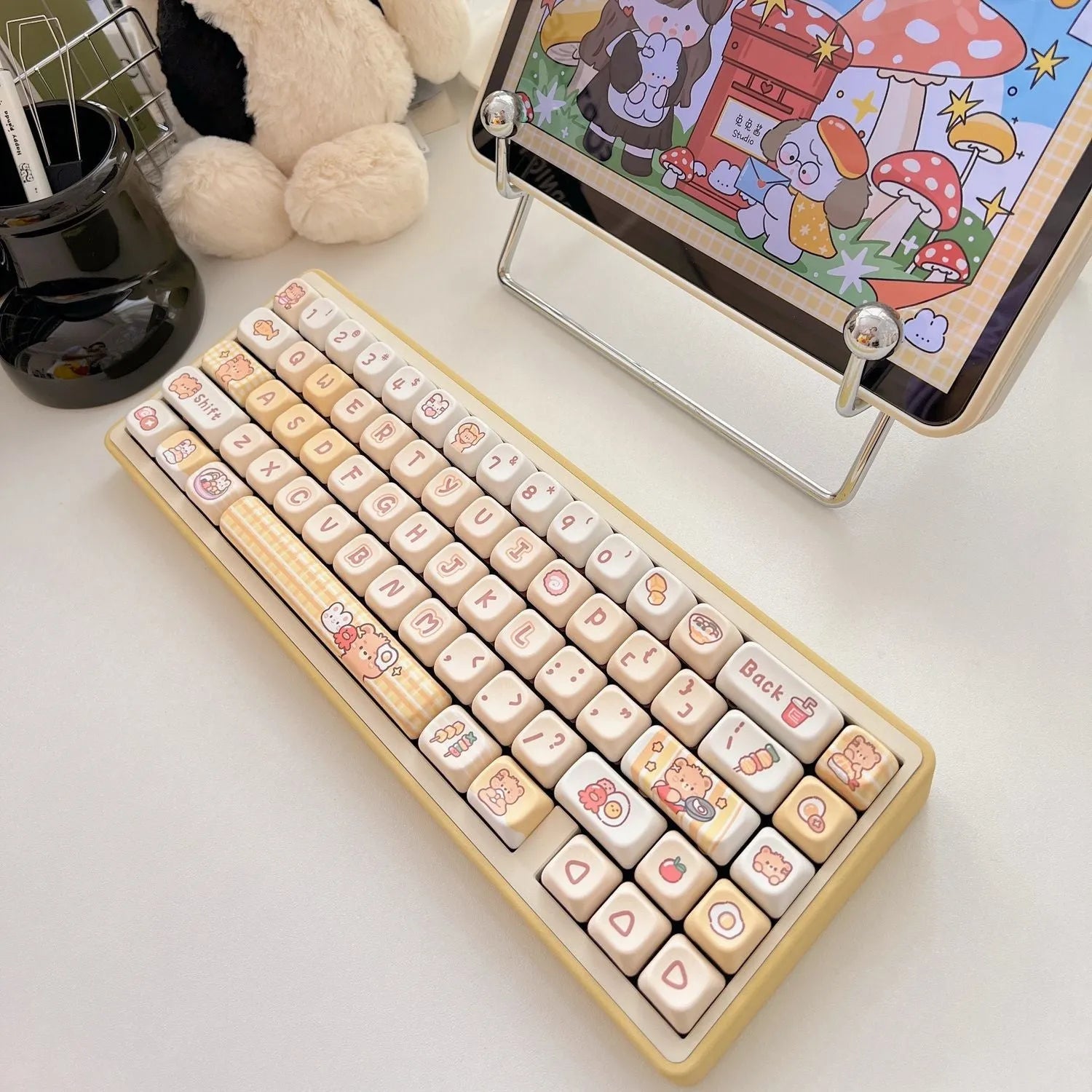 Rabbit Bear Restaurant themed EOA height PBT plastic keycap set, 140 pieces with character designs.