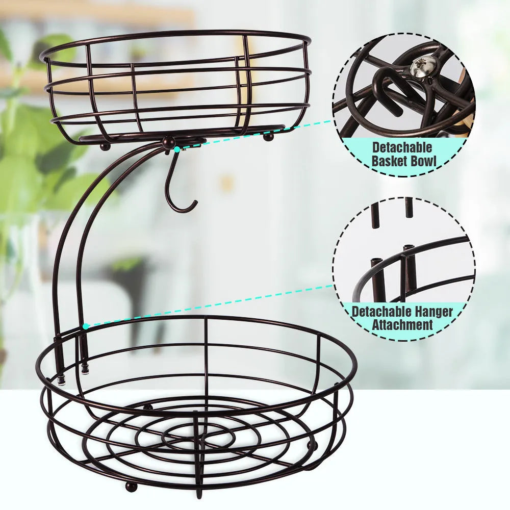 Black wrought iron double-layer fruit and vegetable storage basket with two tiers.