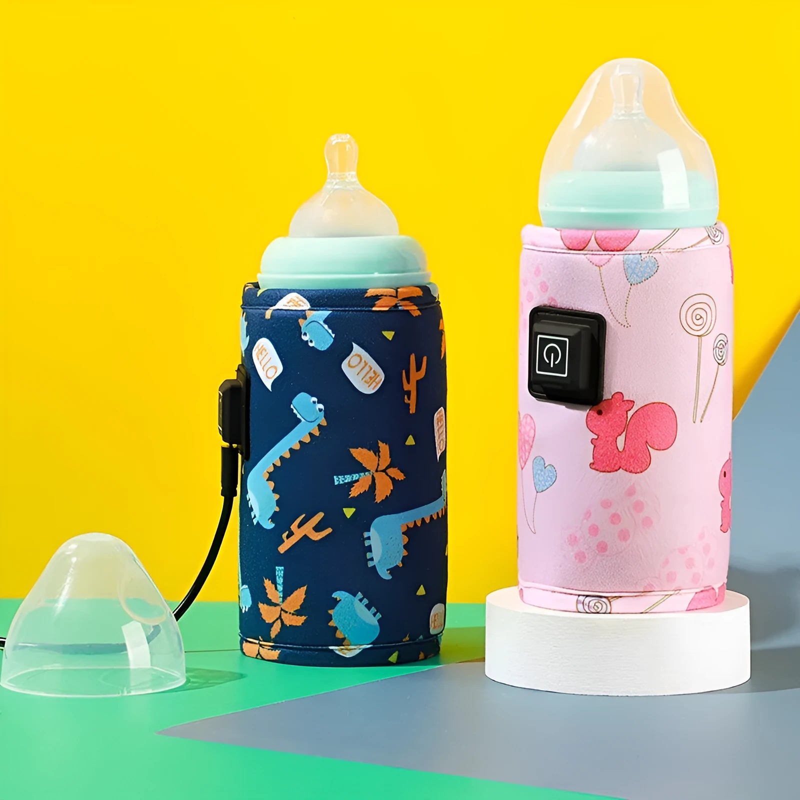 USB-powered portable baby bottle warmer bag in blue dinosaur cartoon print.
