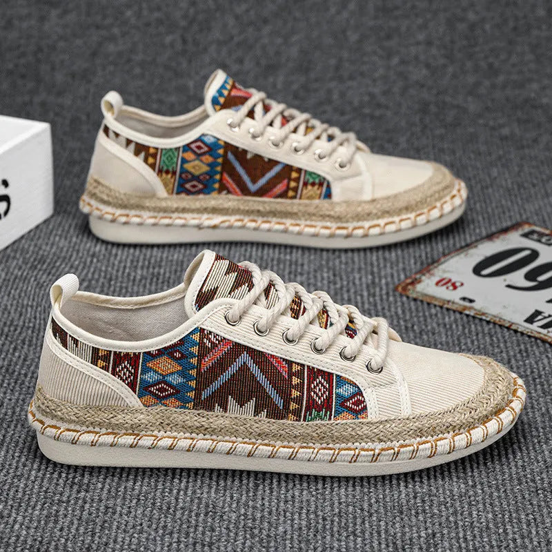 Men's casual summer shoes with cloth upper in black or beige colour, round toe design
