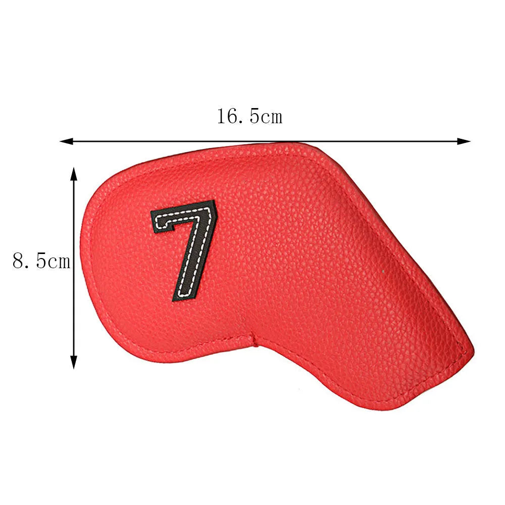 Set of 10 assorted digitally printed PU golf club head covers for protection and gifting.