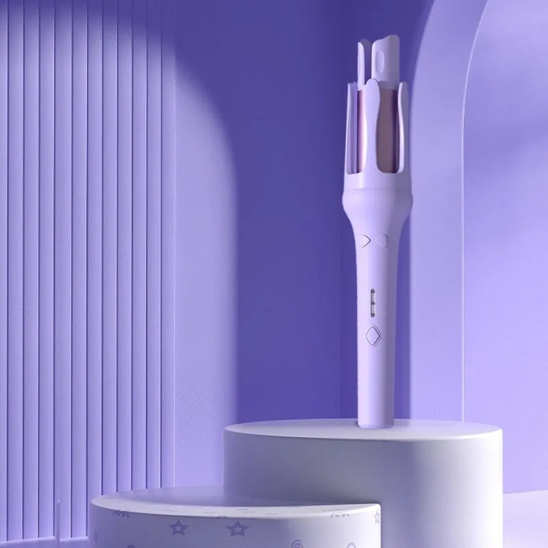 Automatic hair curler in white with purple accents, showing 32mm barrel and UK plug.