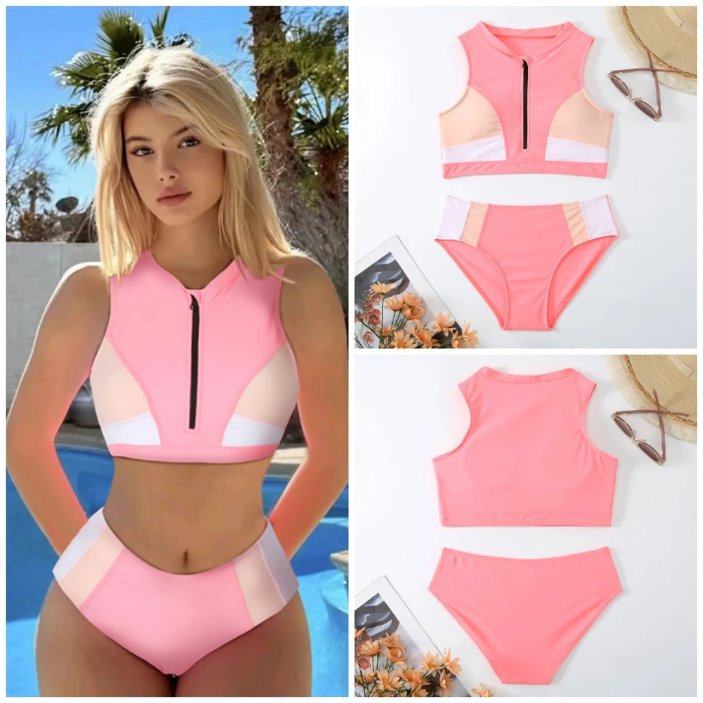 Pink high waist split bikini swimsuit with brief style and sleeveless design