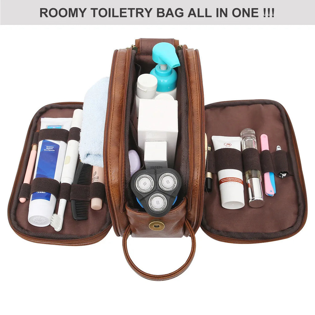 Men's black or brown PU toiletry travel bag for grooming essentials