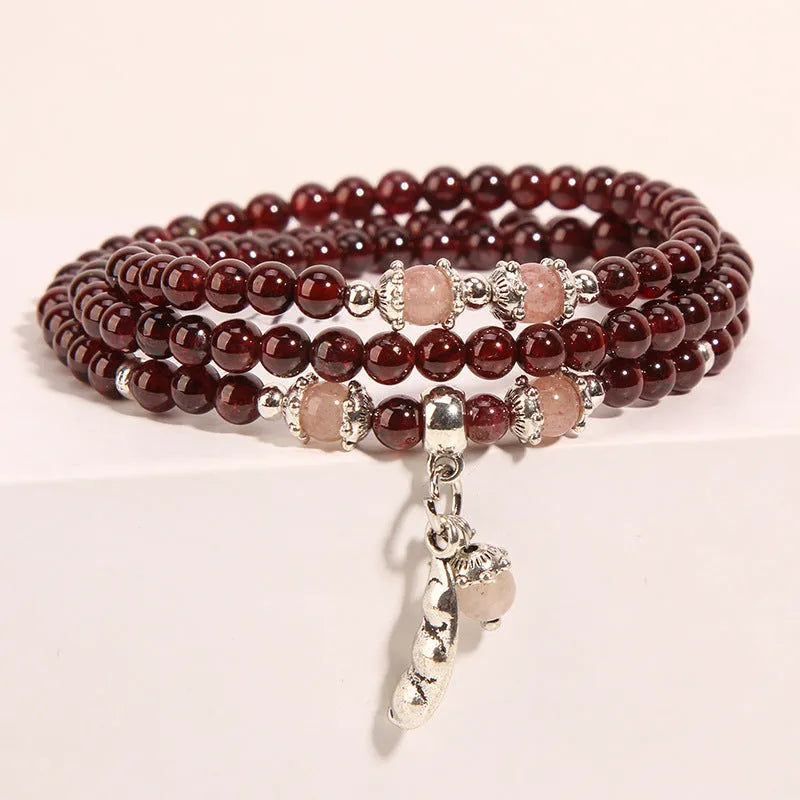 Wine red garnet crystal bracelet with flower shape design in bohemian ethnic style