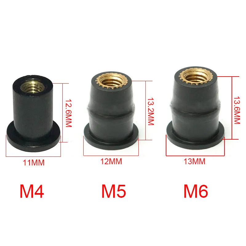 Set of 10 black rubber and brass well nut fasteners for motorcycle modification in M4 M5 M6 sizes.