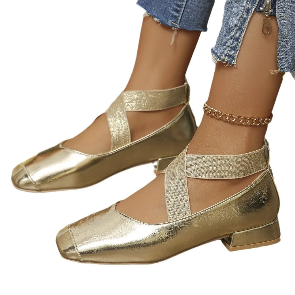 Slip-on square-toe evening pumps in black, gold, or silver with a low rubber sole heel.