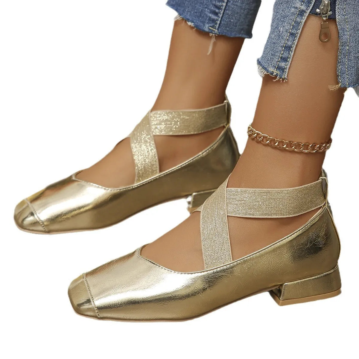 Slip-on square-toe evening pumps in black, gold, or silver with a low rubber sole heel.