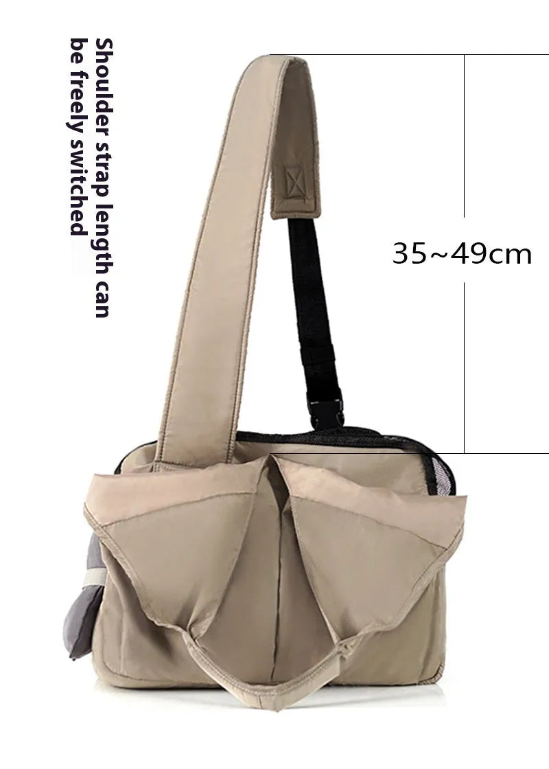 Apricot-coloured cloth pet handbag carrier for cats and small dogs, shown with dimensions 41cm long.