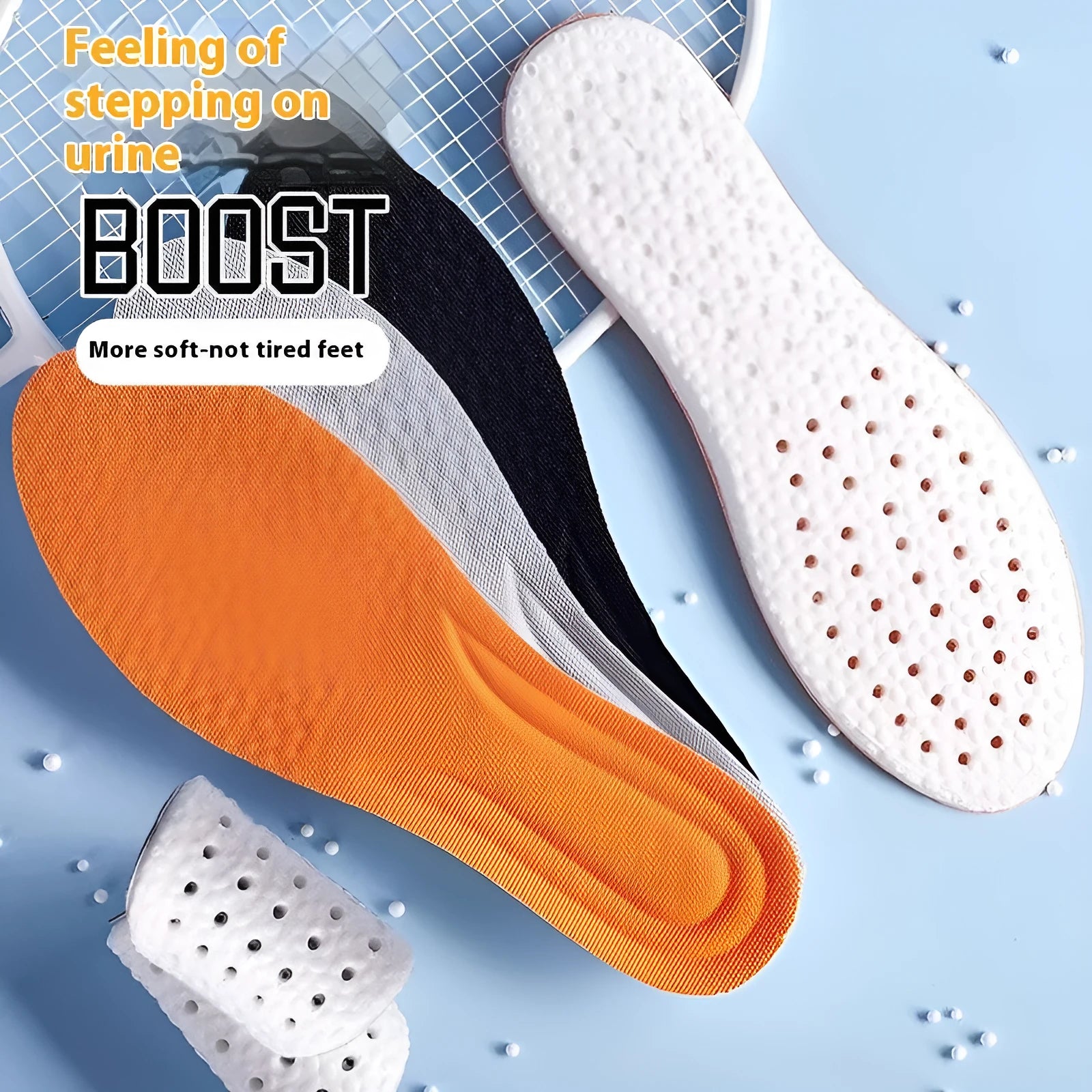 Pair of grey PU foam sports insoles on a white background, showing trimmable edges.