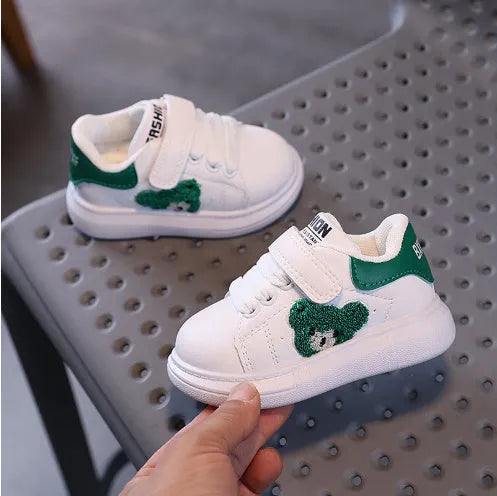Baby Bear kids cartoon pattern sports shoes in black, green, or khaki with rubber sole
