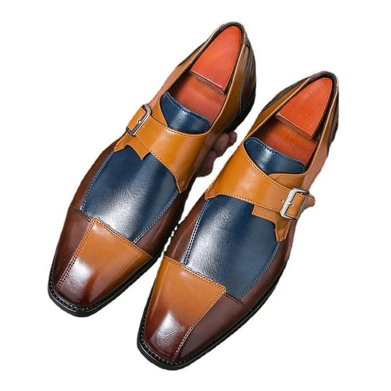 Men's brown blue and black British retro style casual shoes with buckle closure and tall crown