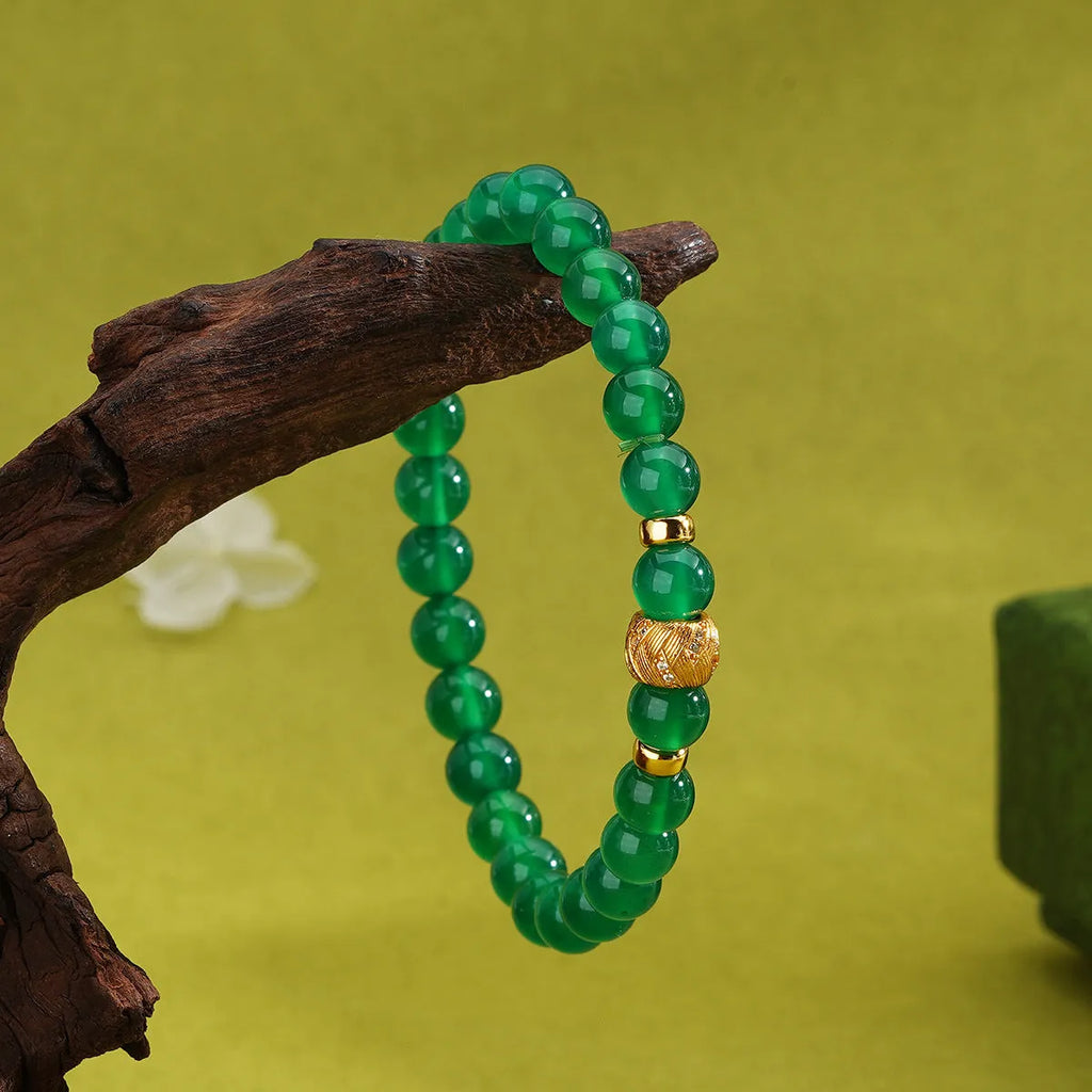 Natural green agate and S925 sterling silver bracelet with 6mm geometry beads and yellow gold finish