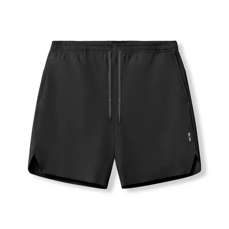 Men's grey seamless sports shorts with knee-length straight-leg cut on a plain background