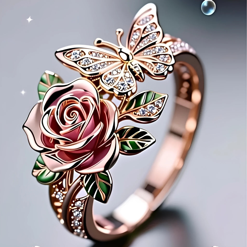 Adjustable butterfly ring necklace with colourful dripping oil finish showing floral and insect detailing