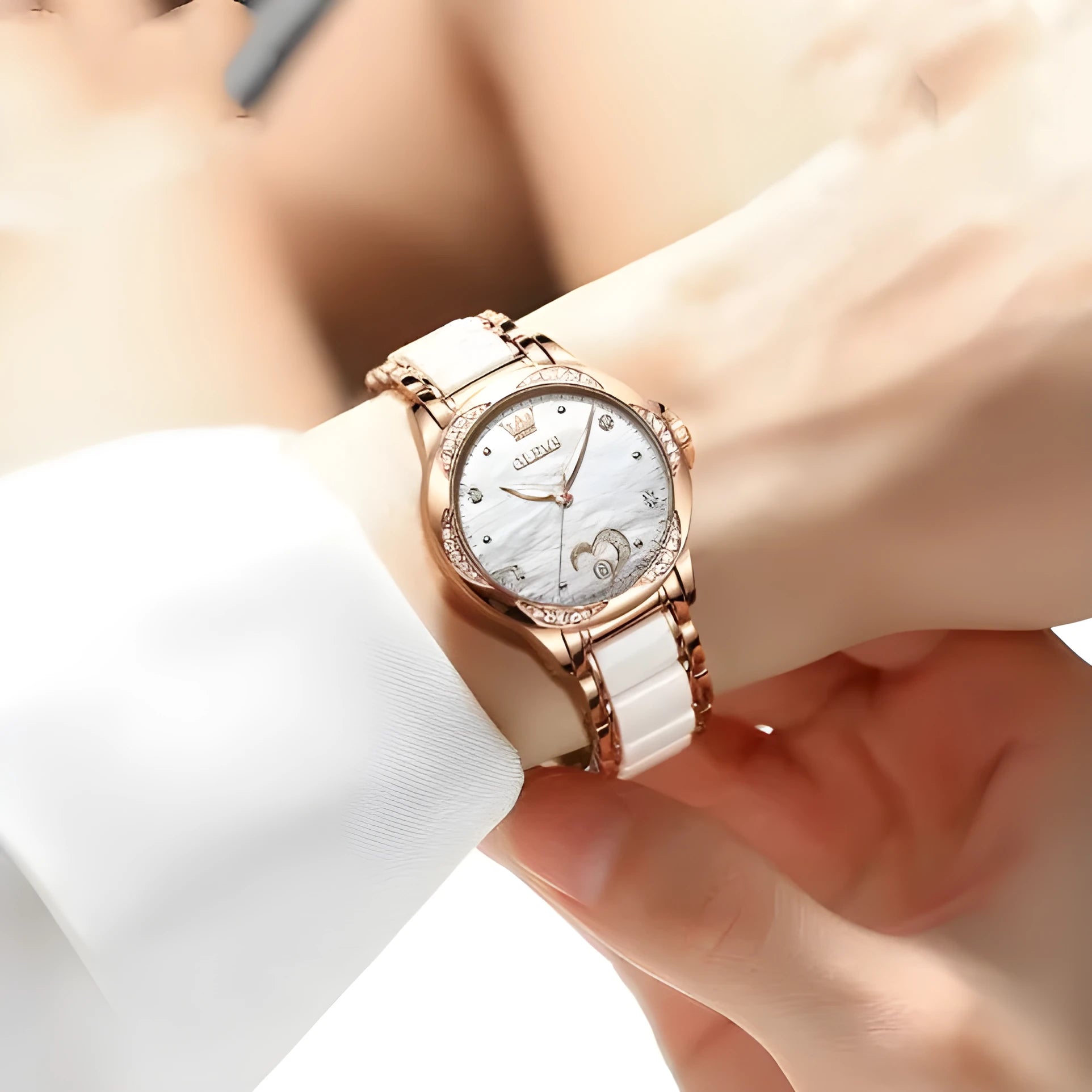 Olevs ladies luminous ceramic watch with rose shell dial, 12mm thickness