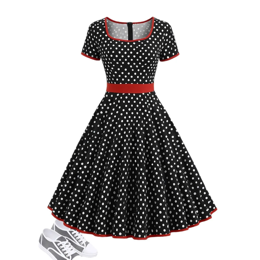 Multicolour polka dot dress with a square collar, short sleeves, pleated skirt, and a front zipper.