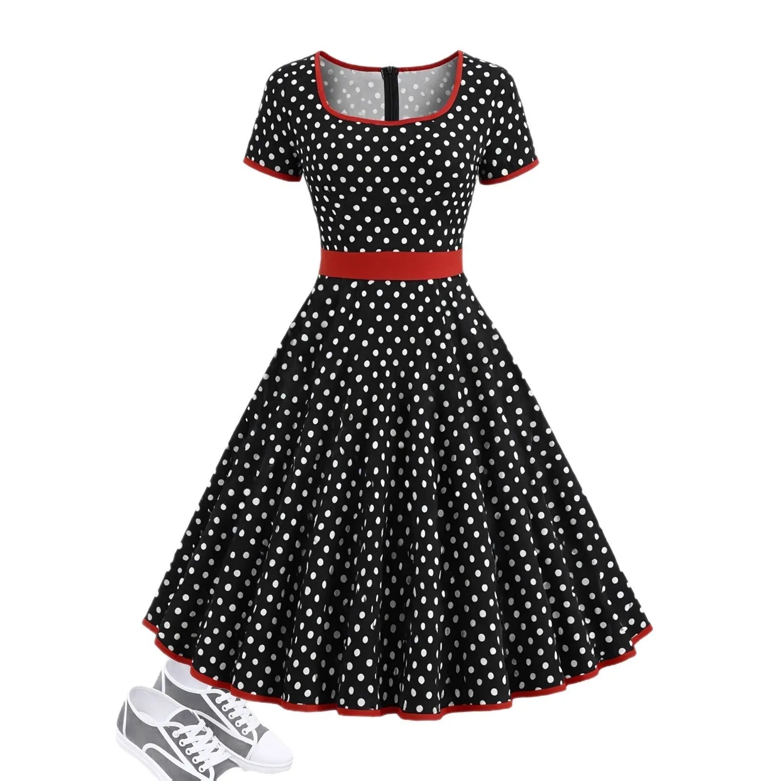 Multicolour polka dot dress with a square collar, short sleeves, pleated skirt, and a front zipper.