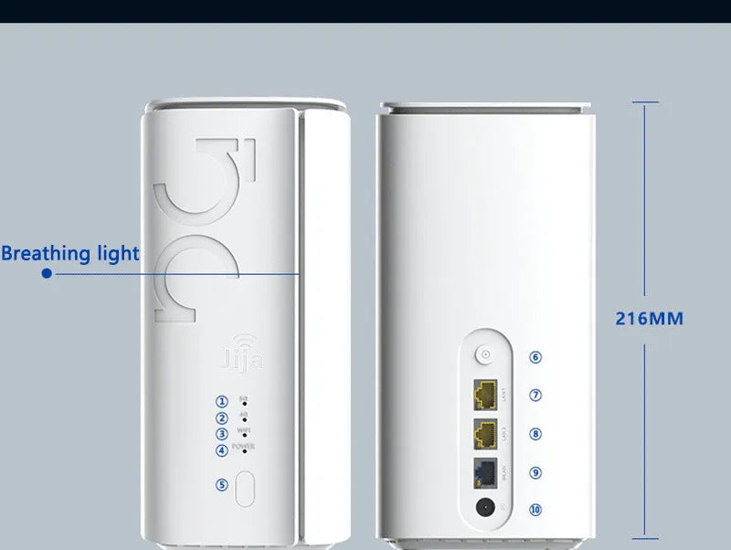 Compact 4G CPE wireless router with data cable and manual, showing small 51x30x5mm size.