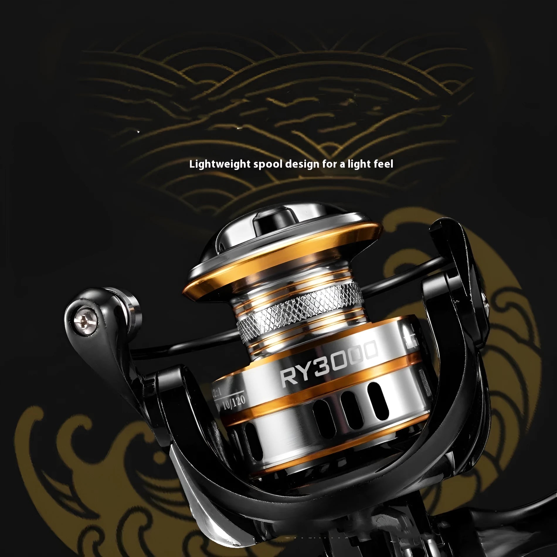 All-metal spinning fishing reel with black EVA foam grip handle, shown in size RY4000.