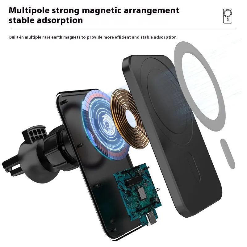 Black X-16 magnetic car wireless charger holder clipped onto car vent with phone attached