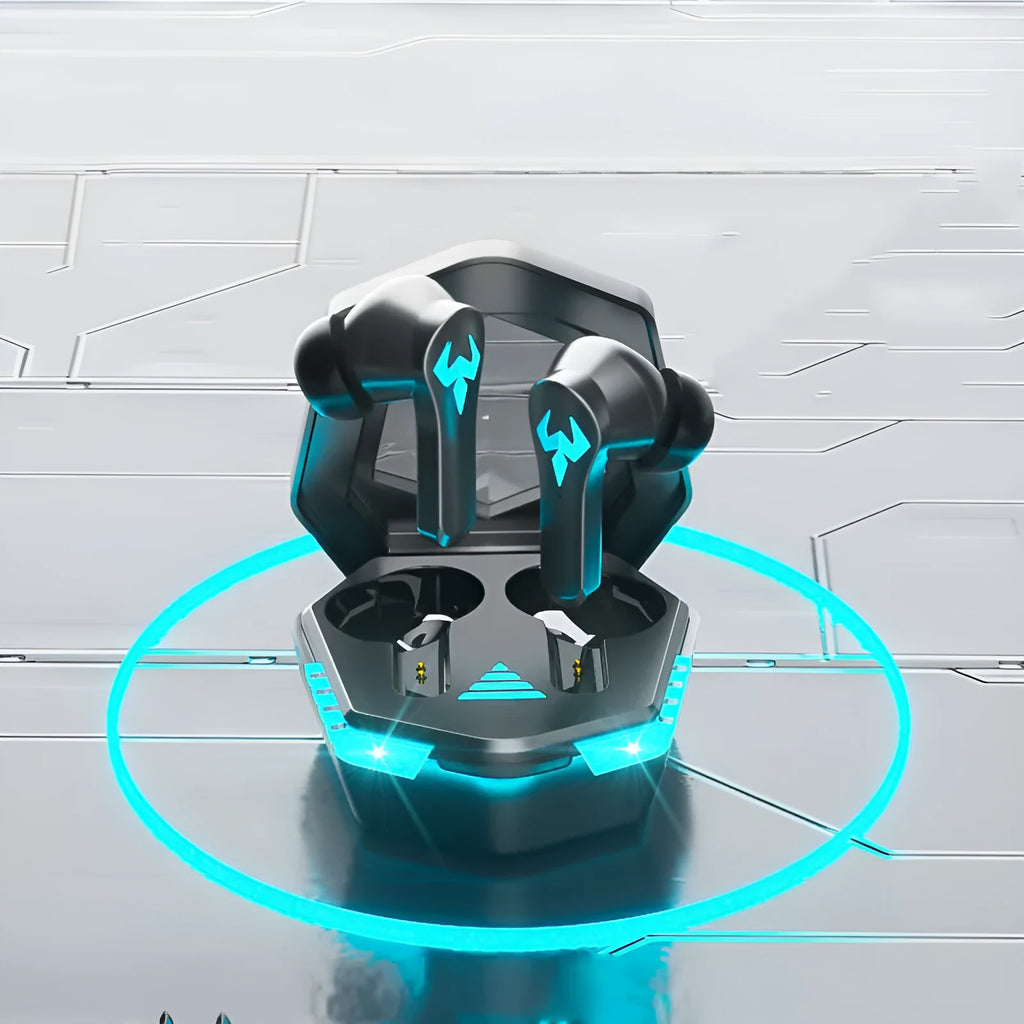 Black wireless Bluetooth gaming headset with in-ear design and microphone