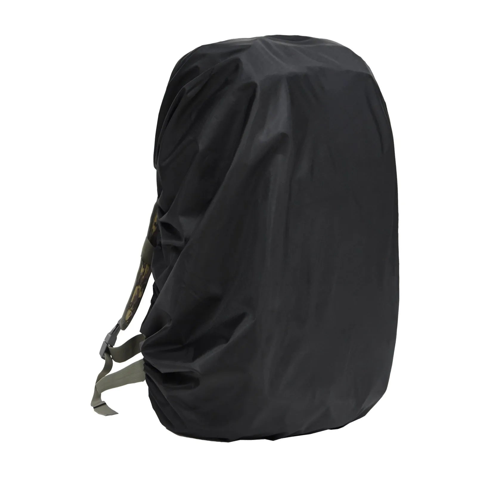Waterproof PU backpack rain cover in army green, shown fitted over a large hiking rucksack.
