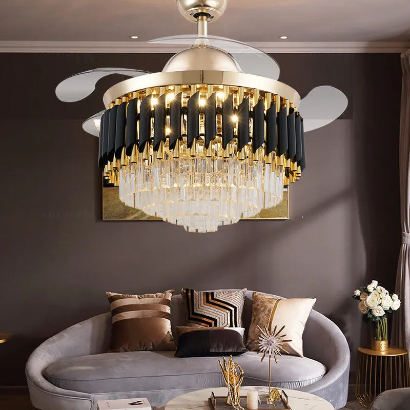 Remote-controlled crystal chandelier ceiling fan light with LED illumination.