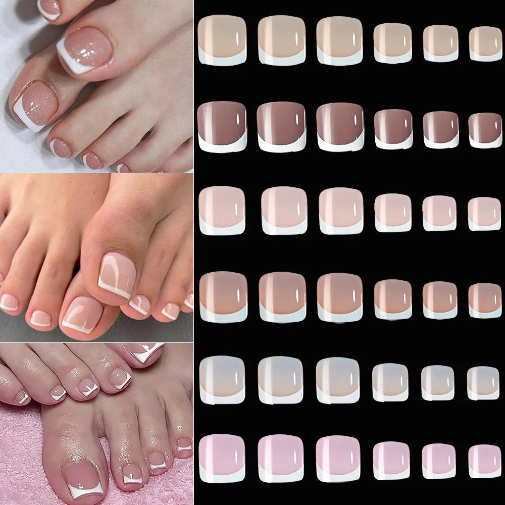 120 piece set of nude French white tip artificial toenails in nine shades, showing square short shape.
