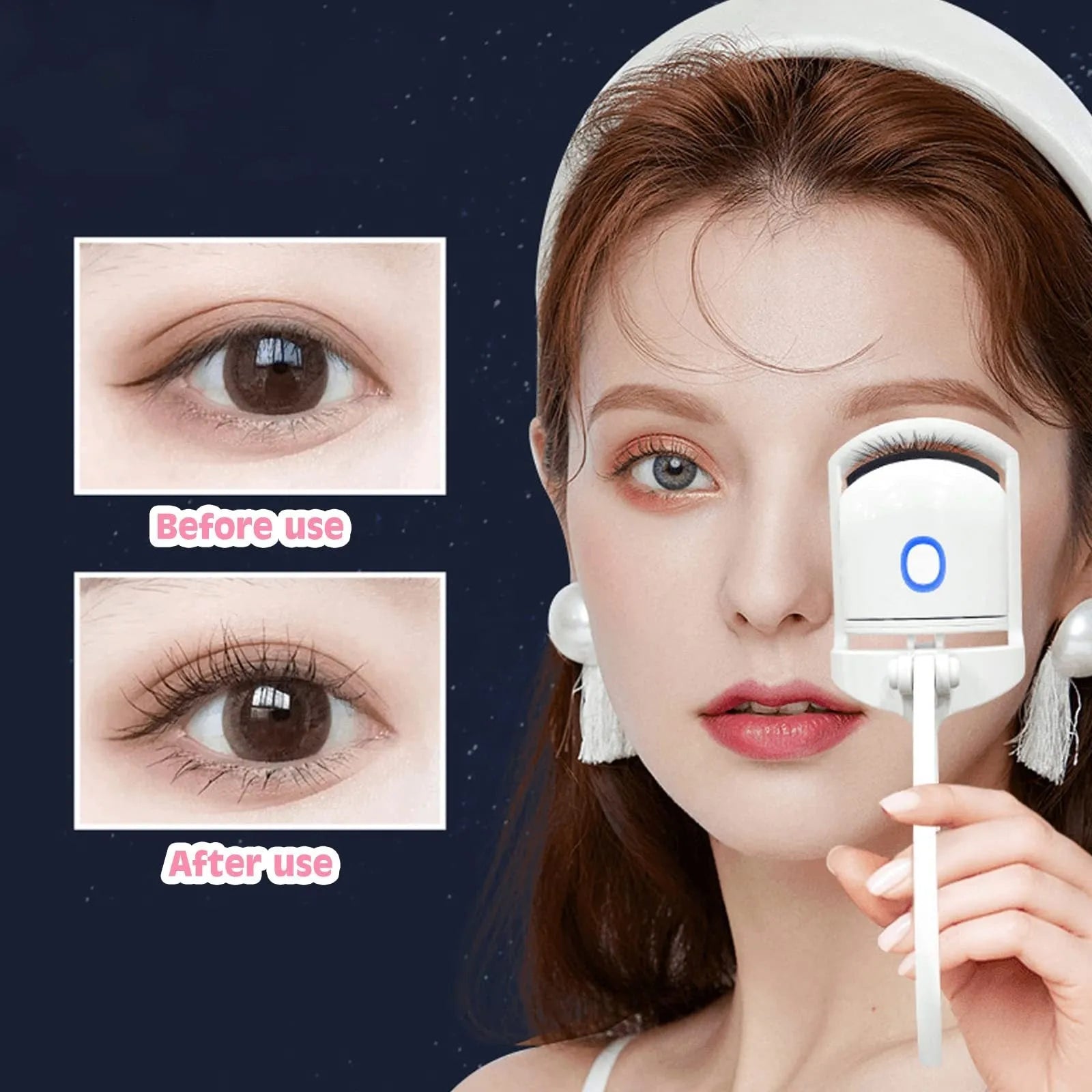 White USB rechargeable heated eyelash curler with dual temperature buttons and compact design.