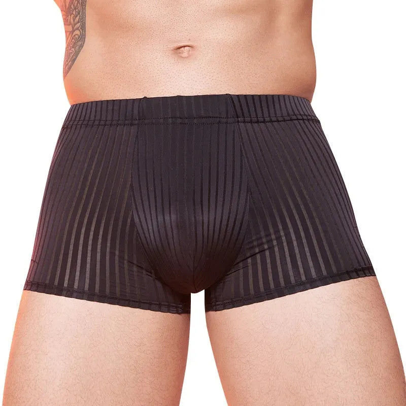 Men's thin striped nylon underwear in black, dark grey and white colours laid flat.
