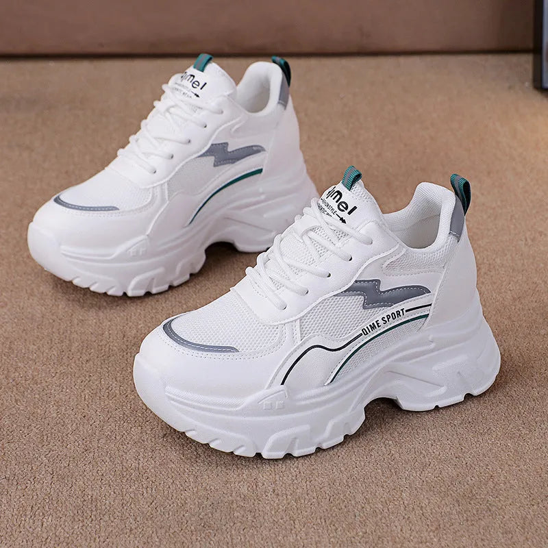Women's white height increasing dad shoes with cross shoulder straps and rubber sole